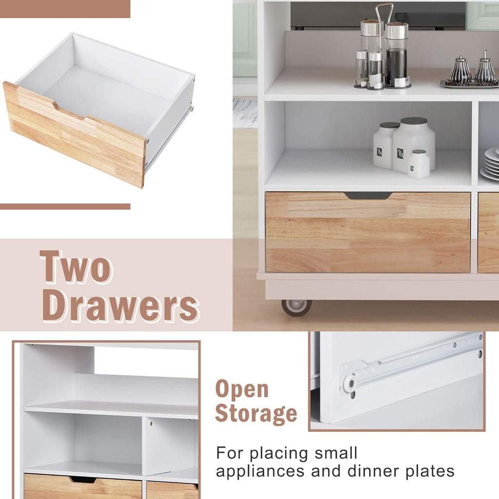 White Rolling Kitchen Island with RubberWood Top, 2 Drawers N794