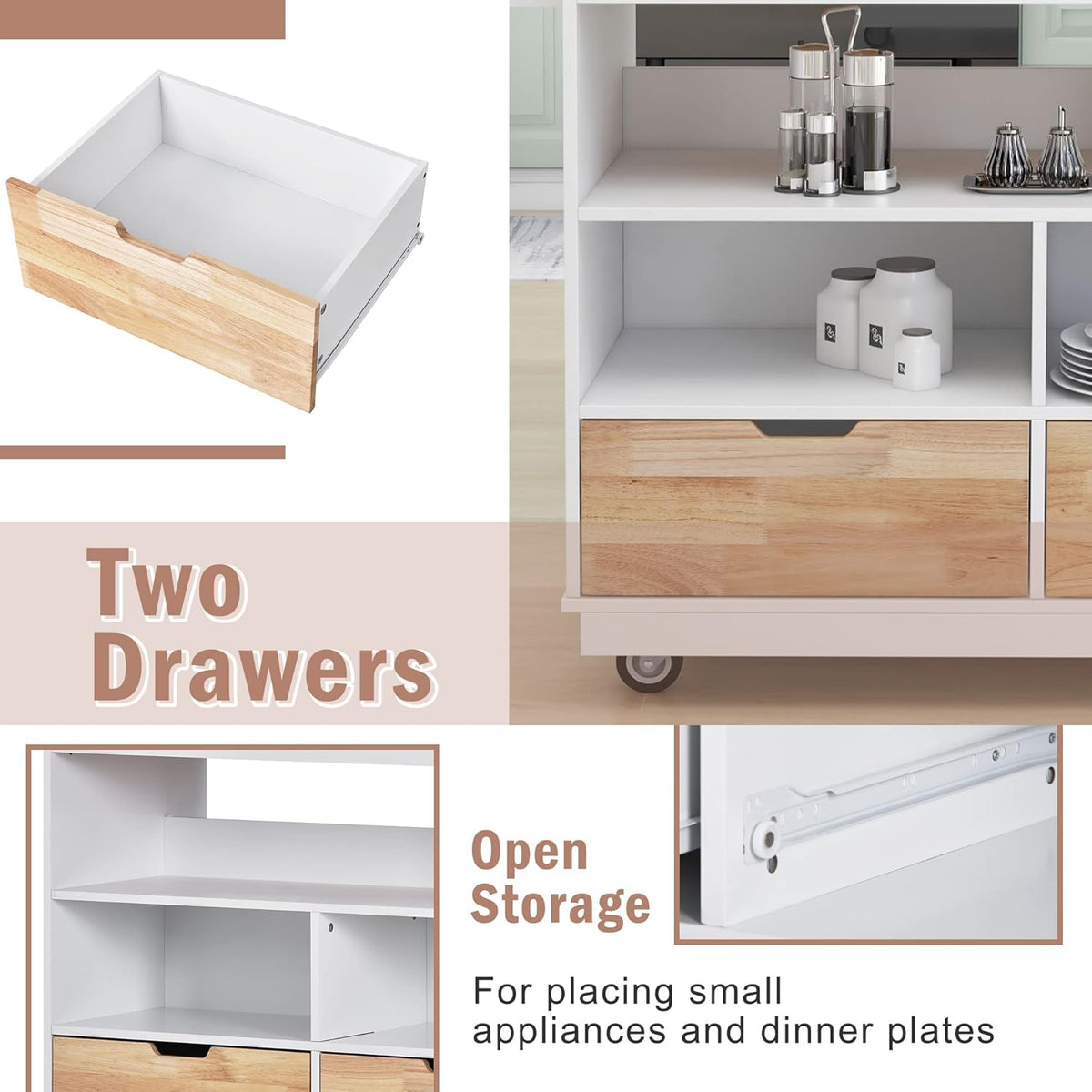 White Rolling Kitchen Island with RubberWood Top, 2 Drawers N794