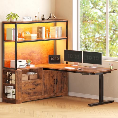 White L Shaped Standing Desk with Drawers & Hutch B6515