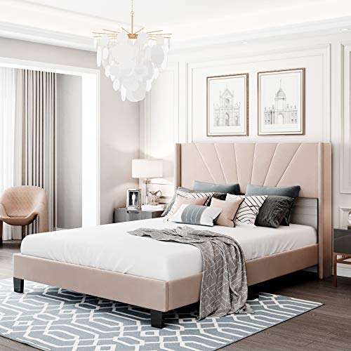 Pink Queen Size Velvet Upholstered Platform Bed with Headboard and Footboard Z60083