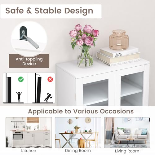 White Tall Kitchen Pantry Storage Cabinet with Glass Doors V575852