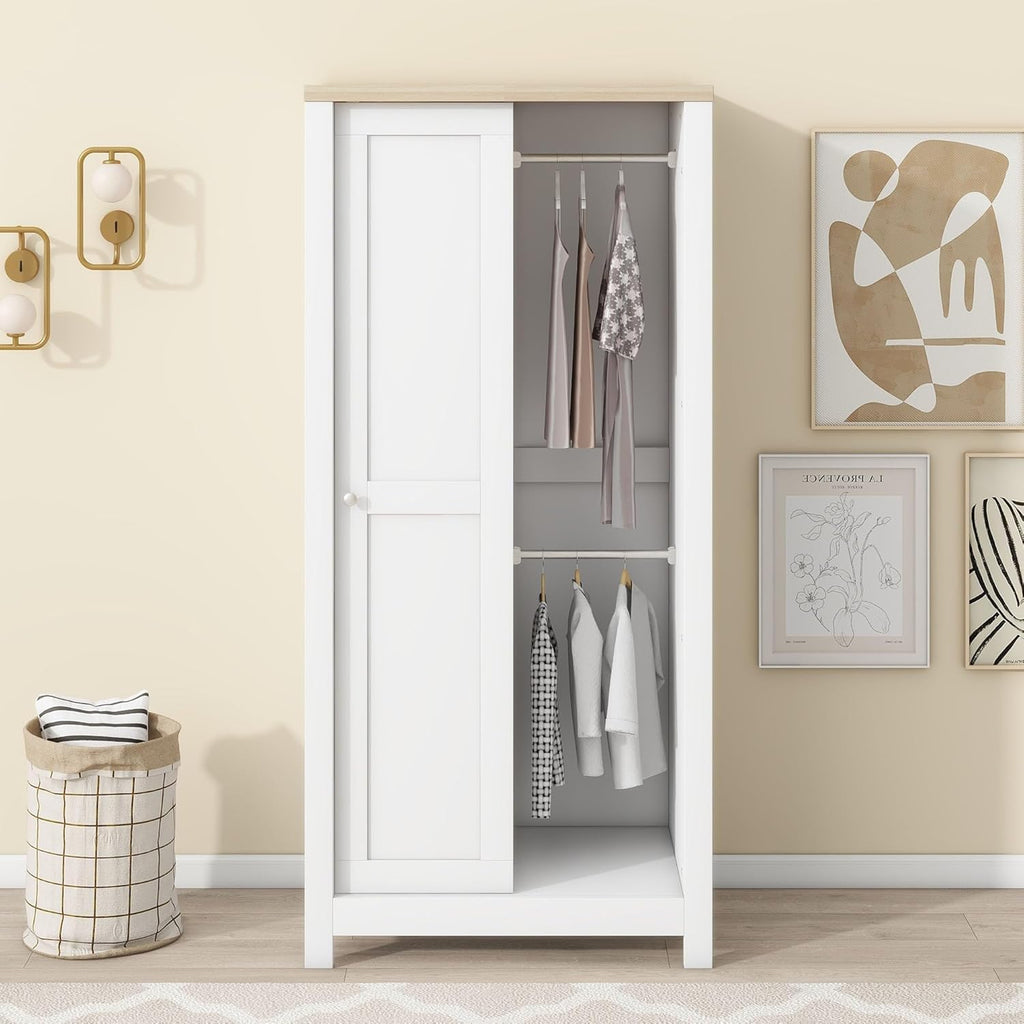 White Freestanding Wooden Armoire Wardrobe with 1 Sliding Door and 2 Drawers R690851
