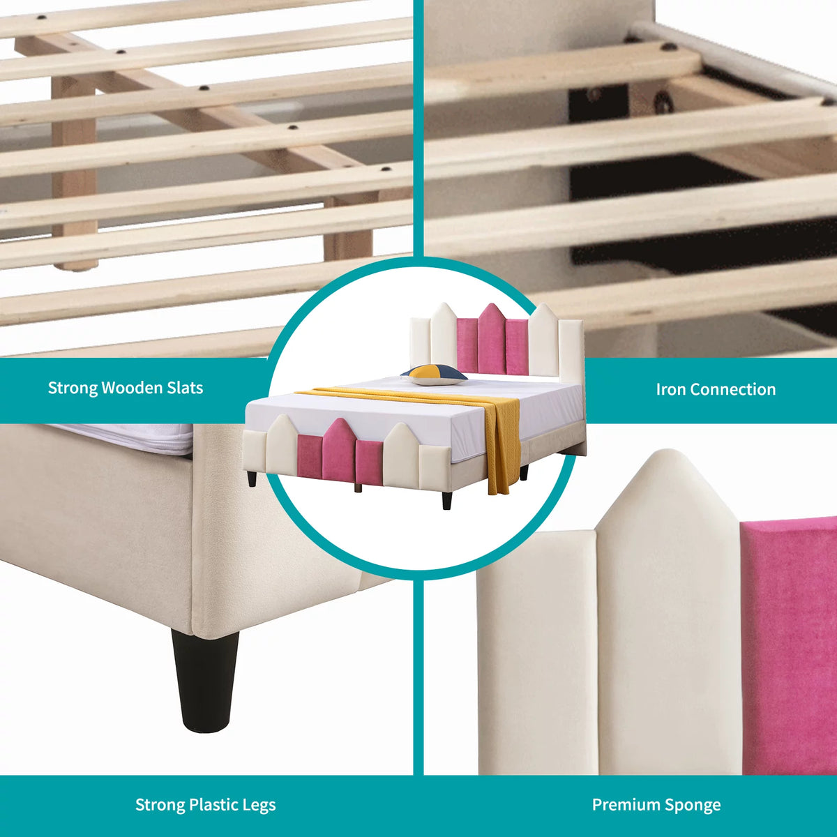 Pink and White Upholstered Twin Platform Bed Frame with Headboard N795036