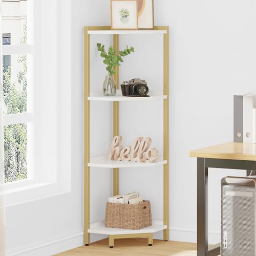 4-Tier White Corner Shelf with Metal Frame I254