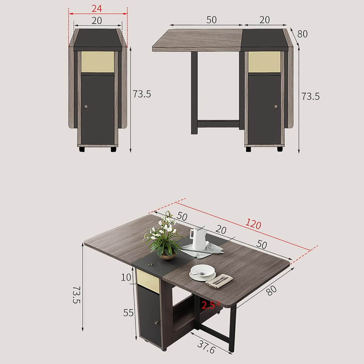 Folding Dining Table Set with 4 Chairs and 2 Wheels V6540