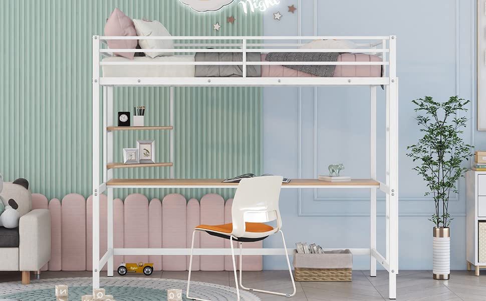 White Metal Twin Loft Bed with Desk and Shelves E9628