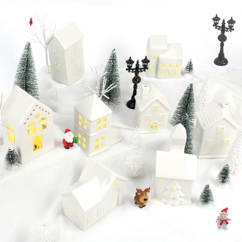30 Pcs LED Christmas Village Set, 8 Ceramic Christmas Village Houses 17 Xmas Trees 2 Lamp Post with Snowman Santa Claus Deer H88195