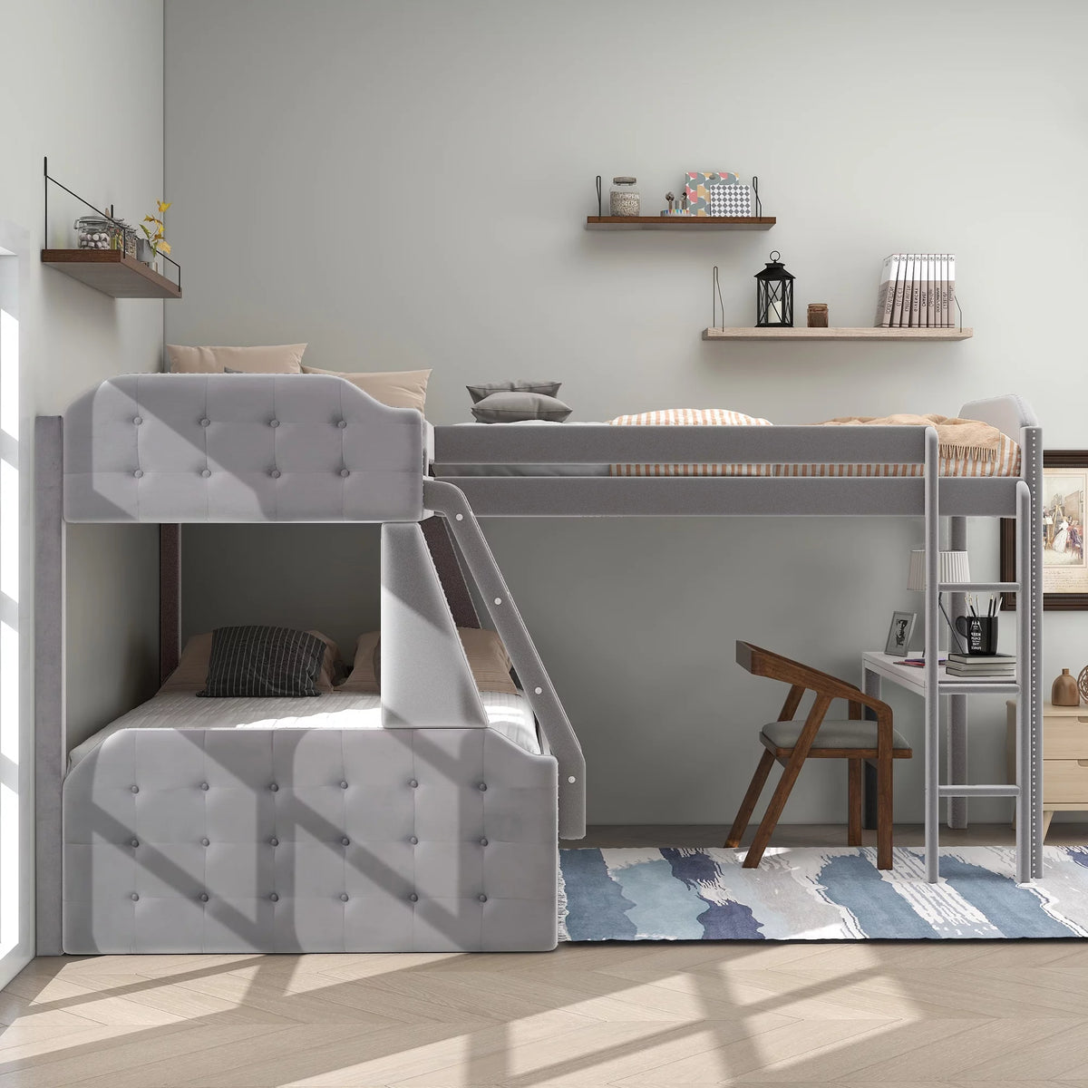 Gray Twin over Full Upholstered Bunk Bed with Desk Y82393