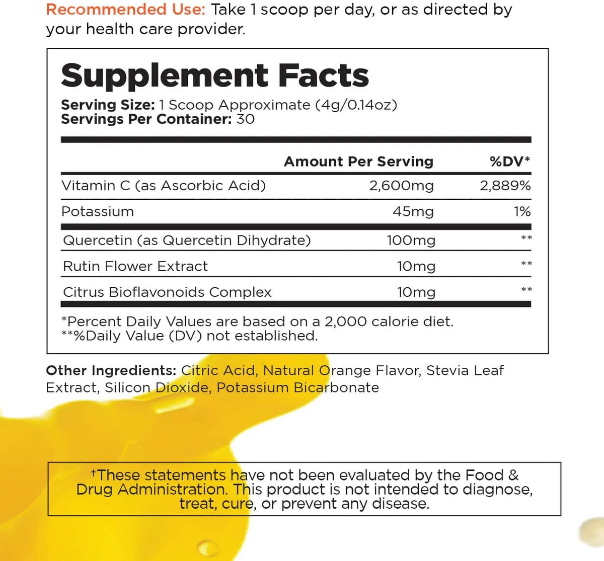 Vitamin C Powder Supplement - 2,600mg Ascorbic Acid Powder with Quercetin & Citrus Bioflavonoids - Vegan, 30 Servings Q2544