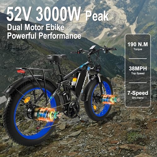 3000W Peak Fat-Tire Dual Motor Electric-Bicycle 52V 25AH Battery 38MPH Full Suspension 24 Inch Ebike U429