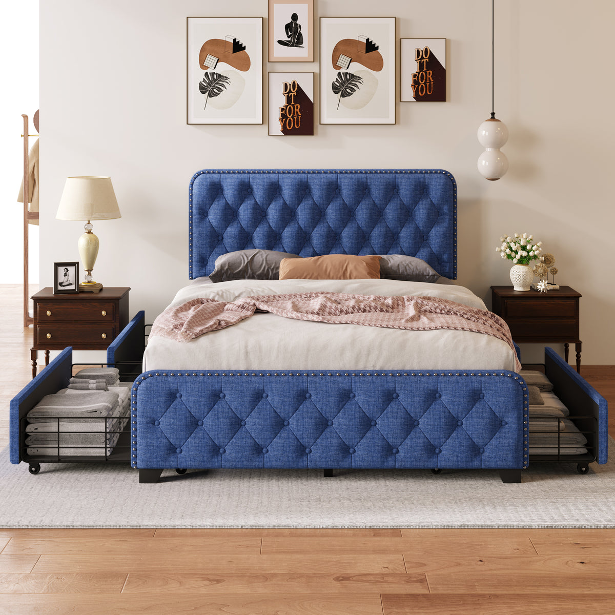 Blue Full Platform Bed Frame with Four Drawers A507597