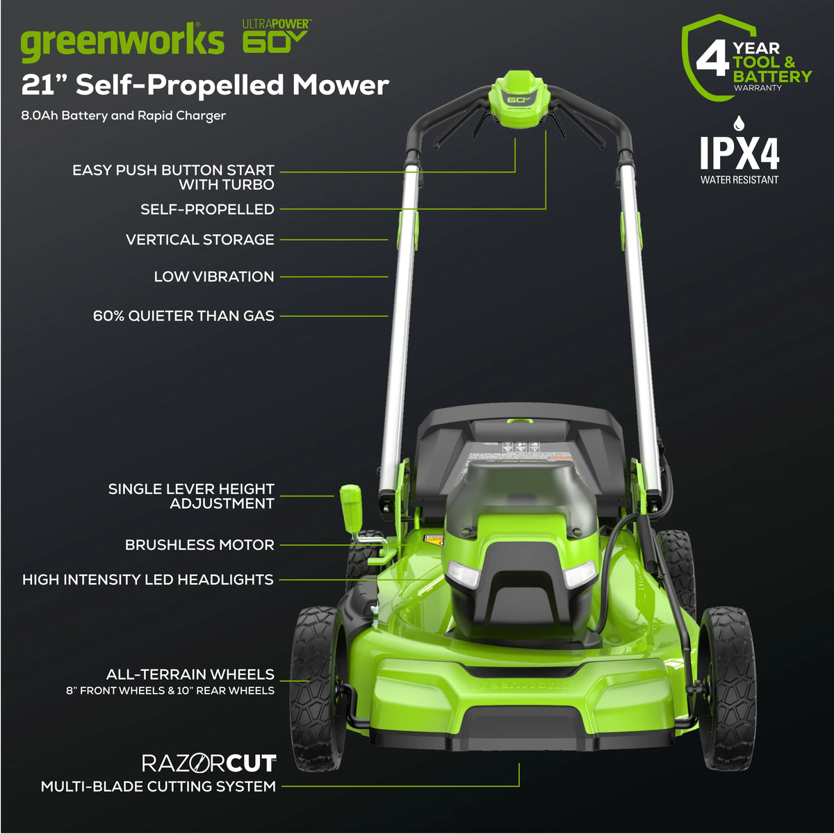 60V 21 Self Propelled Lawn Mower with 8.0 Ah Battery & Rapid Charger Y255310