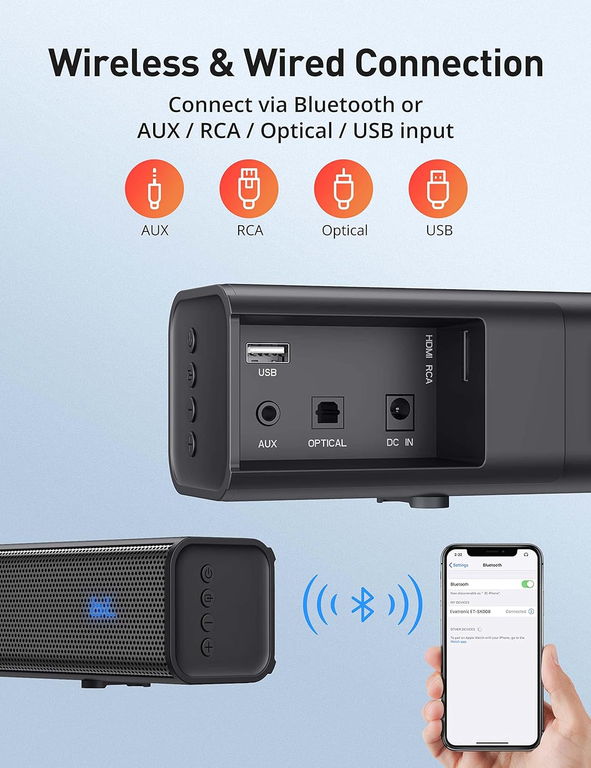 50W Bluetooth 5.0 Stereo Soundbar E654948