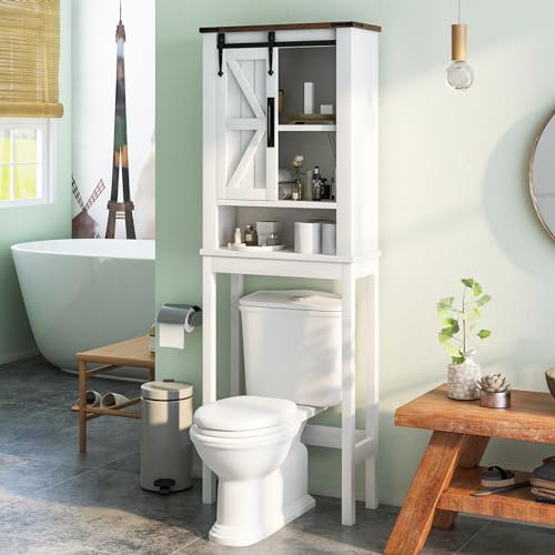 White Over The Toilet Storage Cabinet with Adjustable Shelves & Sliding Barn Doors T744233