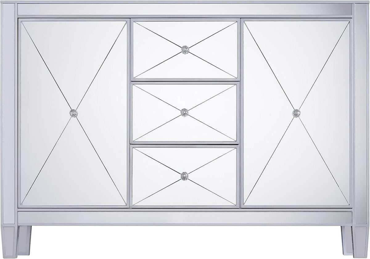 Mirrored 3 Drawers Cabinet with Faux Crystal Knobs and Matte Silver Trim T869