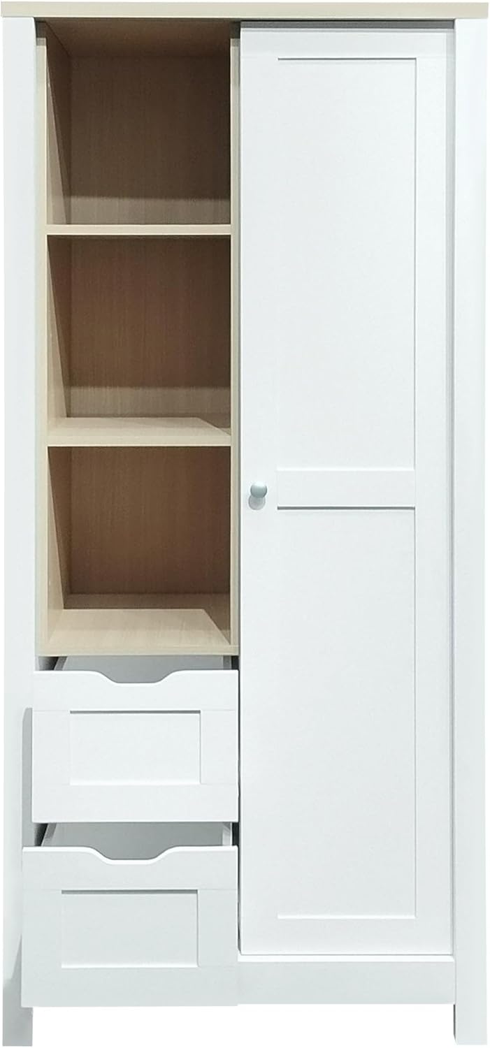 White Freestanding Wooden Armoire Wardrobe with 1 Sliding Door and 2 Drawers R690851