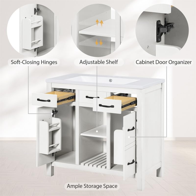 White 36 inch Bathroom Vanity with Sink and 3 Drawers Y81845
