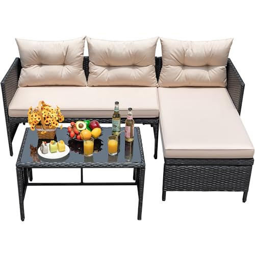 Beige 3-Piece Rattan Outdoor Sectional Sofa with Cushion Glass Table I657893