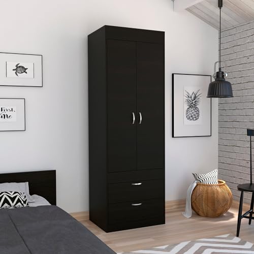 White 2 Door 1 Drawer Wood Armoire Wardrobe with Shelves and Hanging Rod U465724