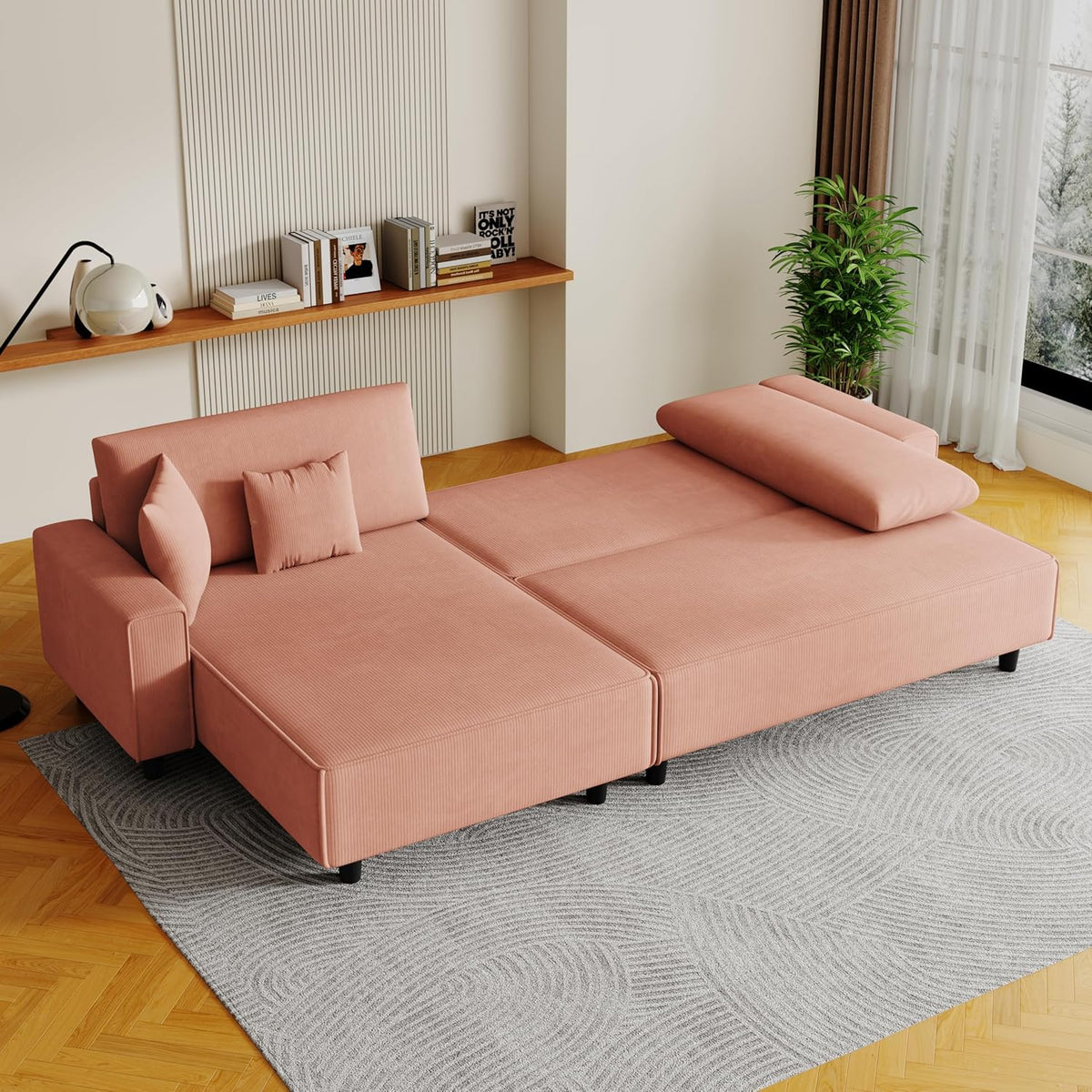 Orange Corduroy Sofa Bed with 2 Pillows M662