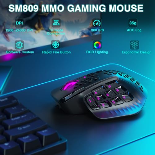 Black Wireless MMO Gaming Mouse with 9 Side Buttons, 24000 DPI, Triple Connectivity, RGB A647