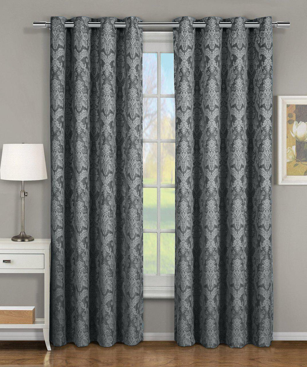 Blair Damask Floral Curtains Jacquard Drapes Grommet Top Panels (Set of 2)