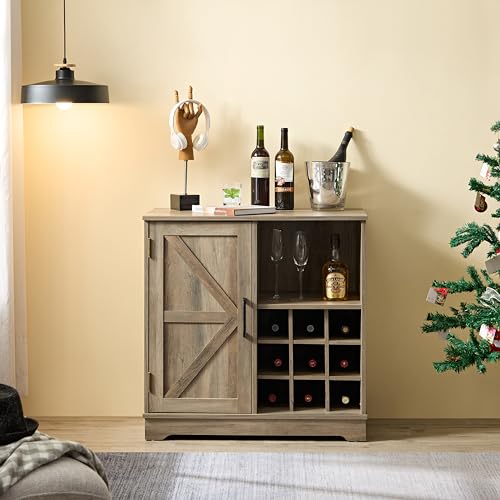 Gray Wash Farmhouse Coffee Bar Cabinet with Drawer and Sliding Barn Door T543171