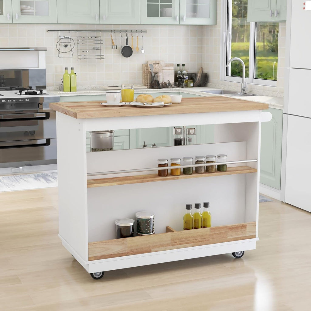 White Rolling Kitchen Island with RubberWood Top, 2 Drawers N794