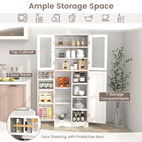 White Tall Kitchen Pantry Storage Cabinet with Glass Doors V575852