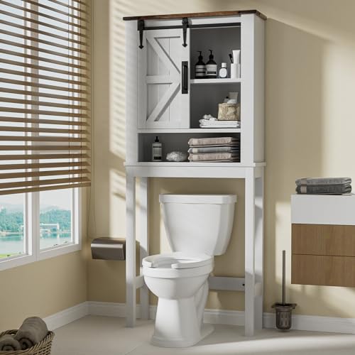 White Over The Toilet Storage Cabinet with Adjustable Shelves & Sliding Barn Doors T744233