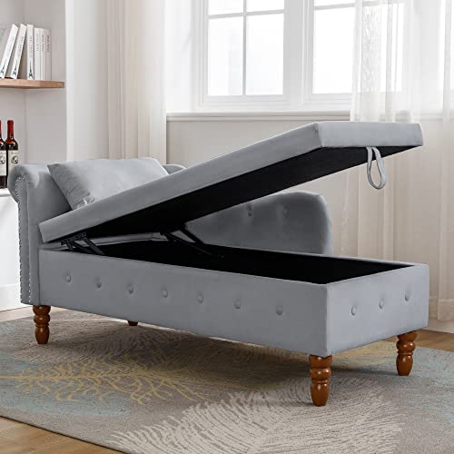 Gray Velvet Upholstered Lounge Chair with Storage and Pillow K176