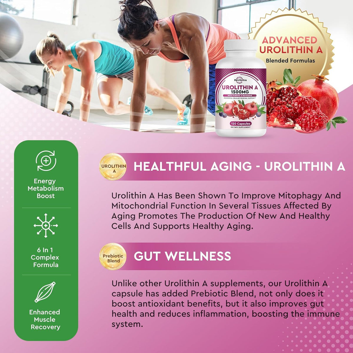 Urolithin A Supplement 1000 mg with Resveratrol, Pomegranate Extract, Green Tea, Vitamin C, E, 120 Capsules U7415