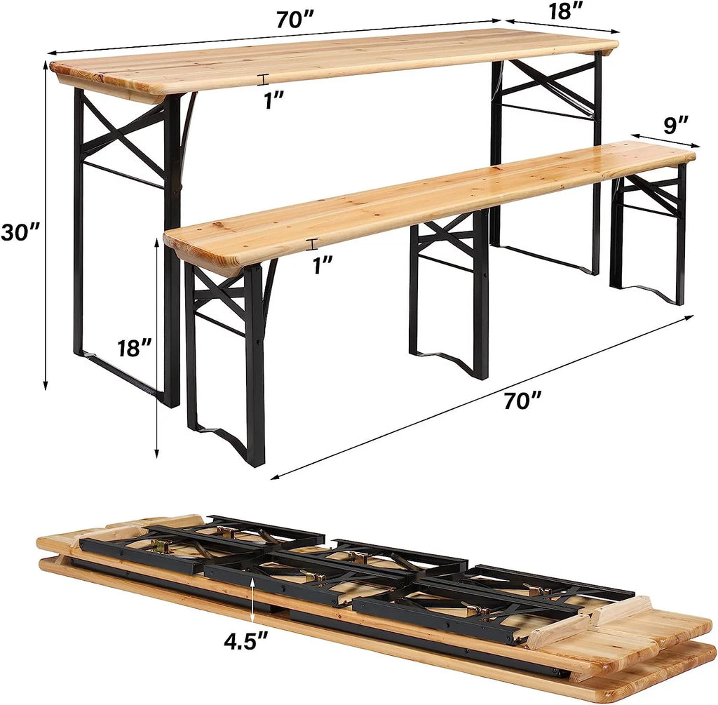 Folding Picnic Tables with Benches Set, 3-Piece Weather-Resistant Wooden Table Bench F605