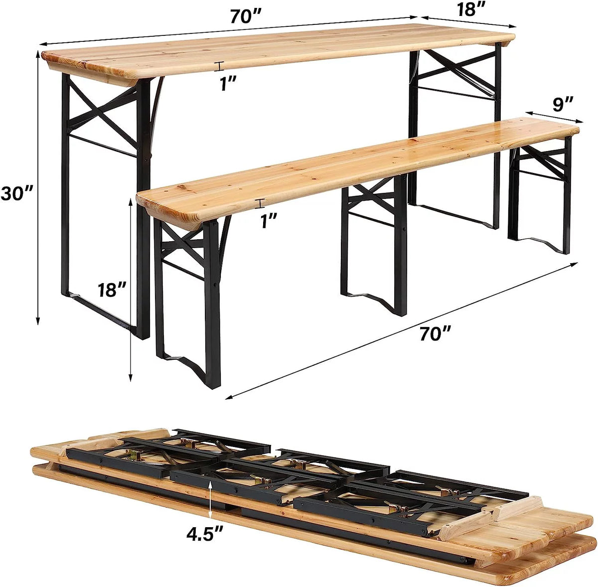 Folding Picnic Tables with Benches Set, 3-Piece Weather-Resistant Wooden Table Bench F605