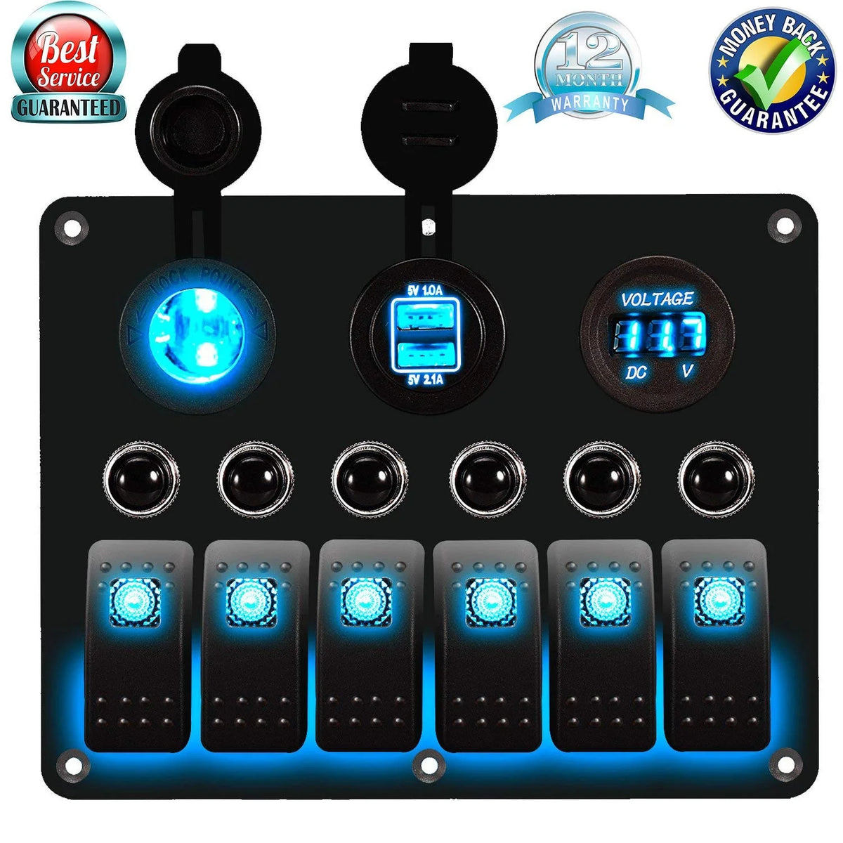 Blue LED Rocker Switch Panel with Dual USB Waterproof Power Socket Breaker Voltmeter J96886