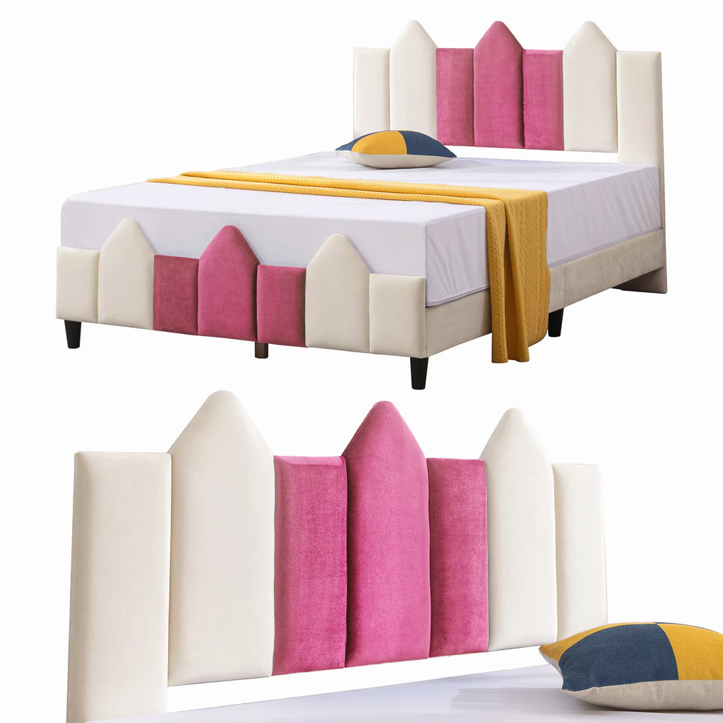 Pink and White Upholstered Twin Platform Bed Frame with Headboard N795036