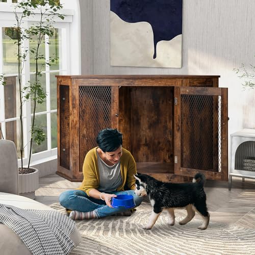 Corner Dog Crate Furniture, 44/52inch Wooden Dog Kennel with Metal Mesh G1738