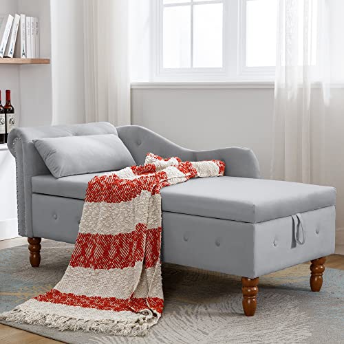 Gray Velvet Upholstered Lounge Chair with Storage and Pillow K176