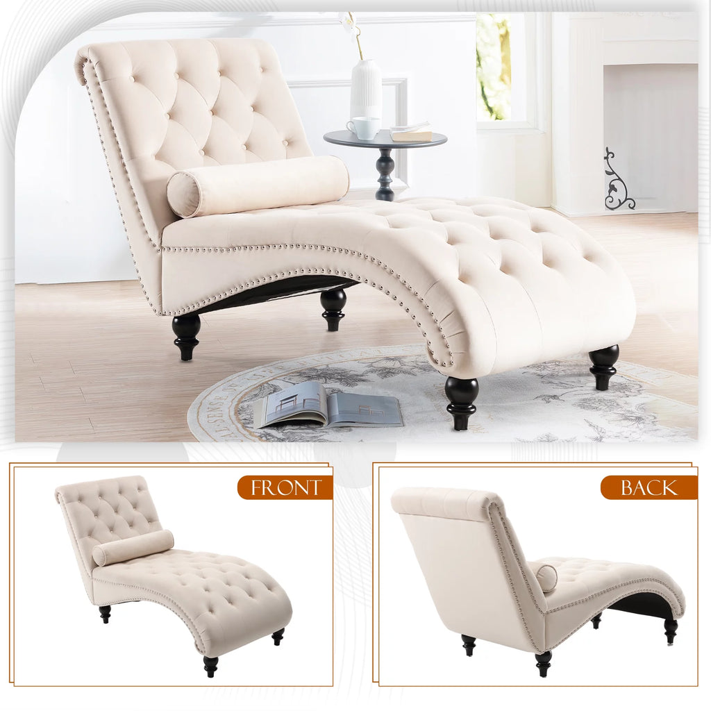 Beige Velvet Tufted Chaise Lounge with Wood Legs H713