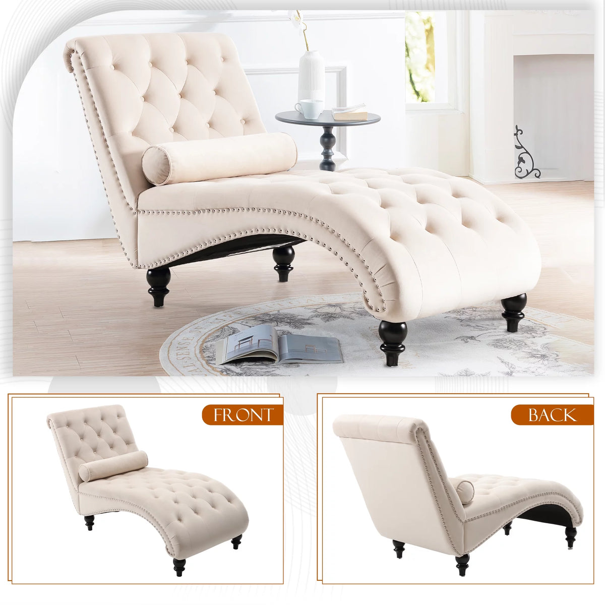 Beige Velvet Tufted Chaise Lounge with Wood Legs H713