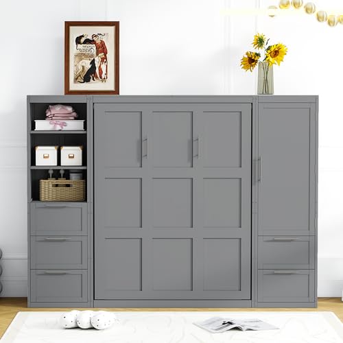 Grey Queen Size Wood Murphy Bed with Shelves and Drawers N519796