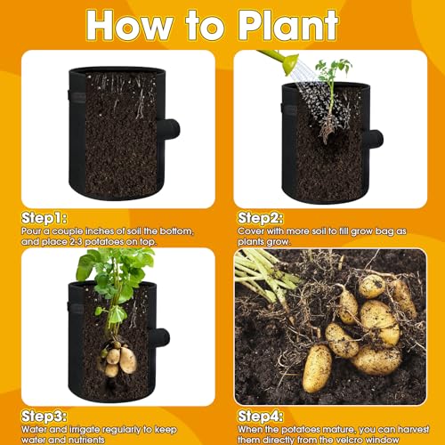 12 Pack 10 Gallon 7 Gallon Black Nonwoven Fabric Potato Grow Bags with Handles and Harvest Window E38094