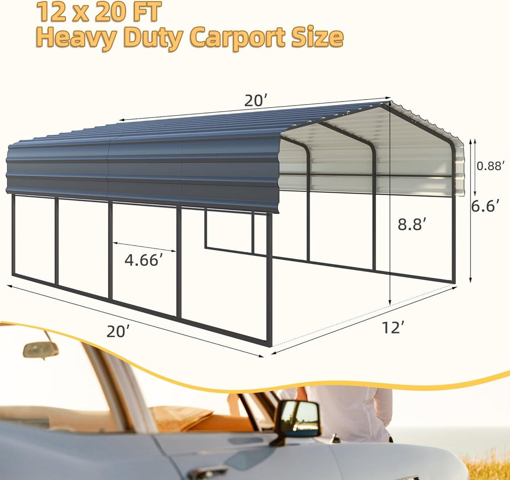12'x20' Heavy Duty Metal Carport with Galvanized Steel Roof Y50168