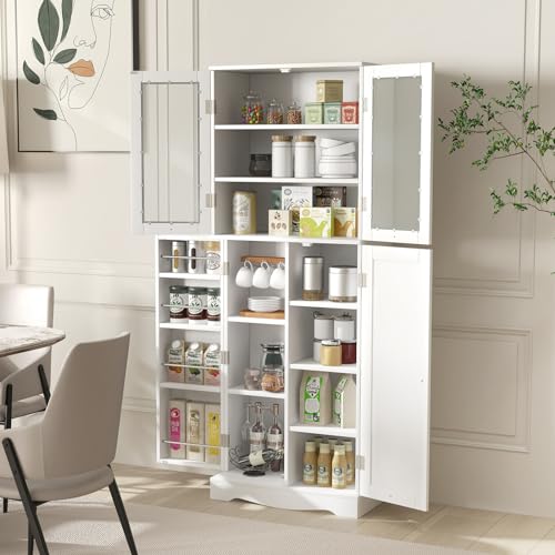 White Tall Kitchen Pantry Storage Cabinet with Glass Doors V575852