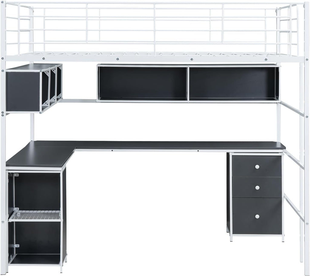 White Full Metal Loft Bed with Bookcase Desk Cabinet P31919