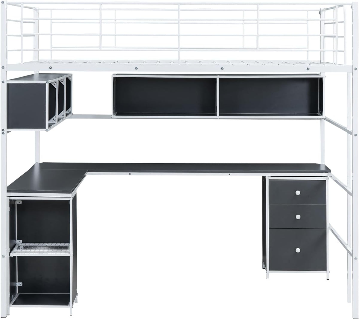 White Full Metal Loft Bed with Bookcase Desk Cabinet P31919