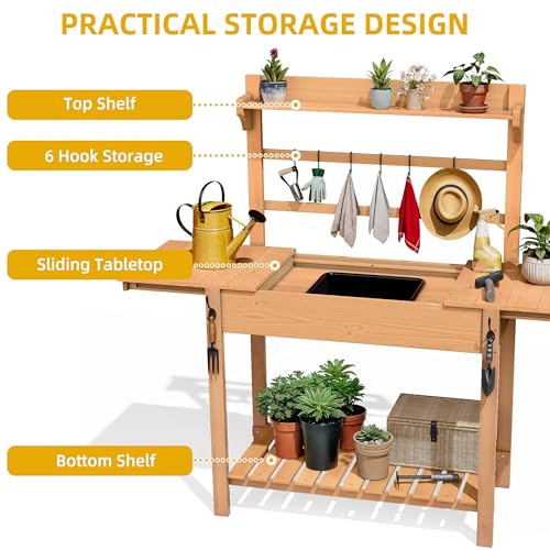 Outdoor Potting Bench Table with Sink & Sliding Top, Wooden Garden Workbench with Storage Shelves V8500