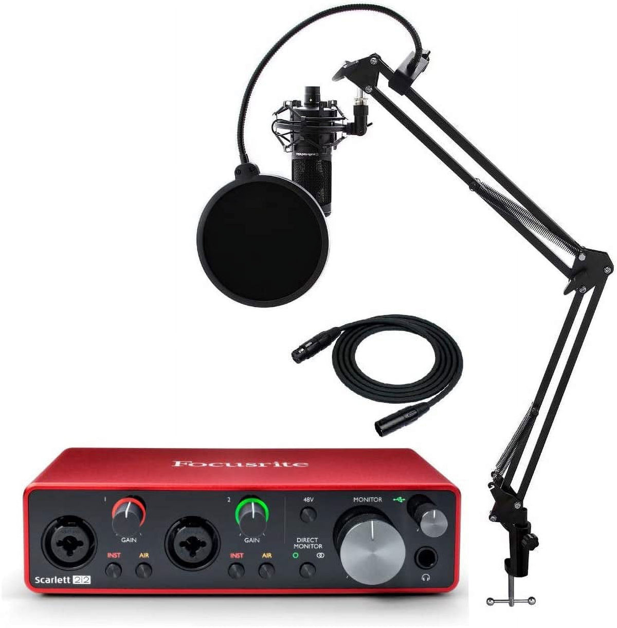 2x2 USB Audio Interface Bundle with Condenser Studio Microphone, Shock Mount, Pop Filter and XLR Cable M110977