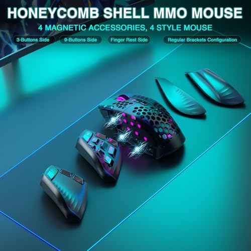 Black Wireless MMO Gaming Mouse with 9 Side Buttons, 24000 DPI, Triple Connectivity, RGB A647