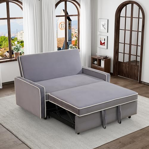 Grey 3 in 1 Convertible Sleeper Sofa with Pullout Bed Flannel 2 Seater Futon Loveseat Couch Bed F217160